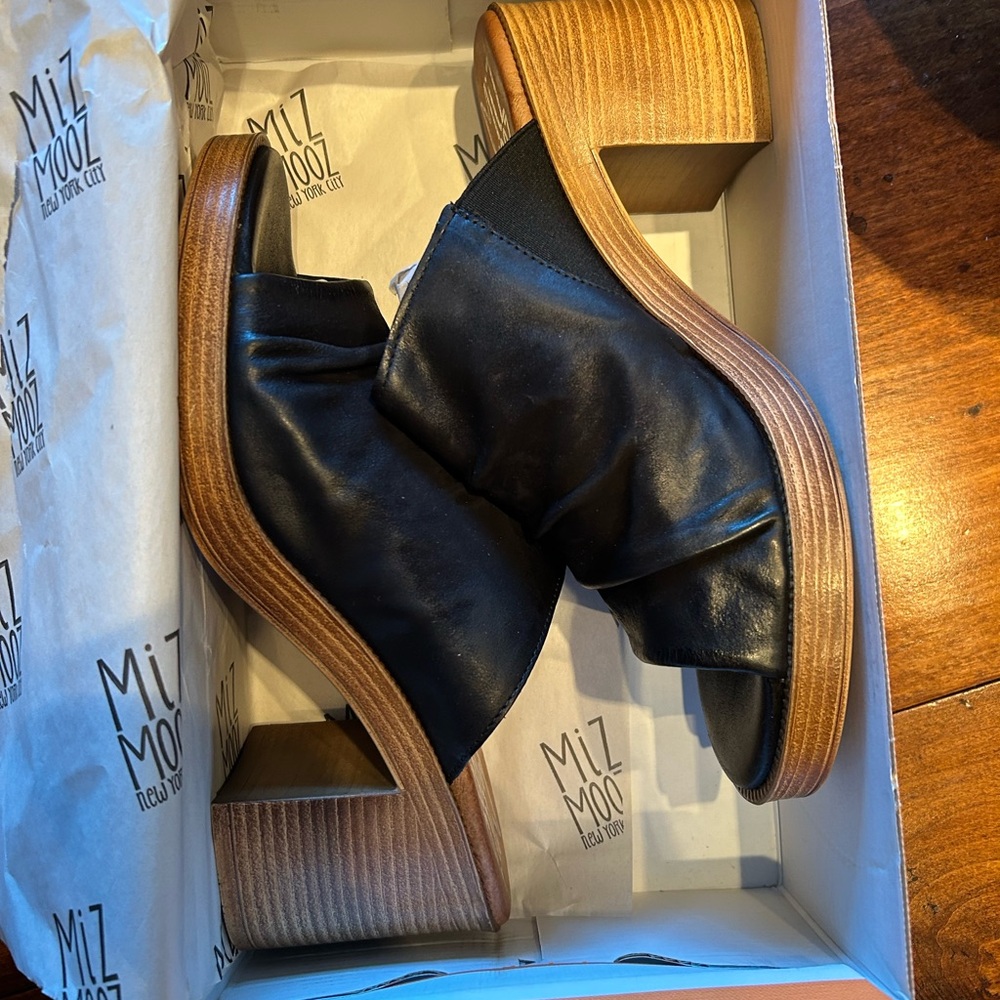 Miz Mooz Maybelle Black Leather Mules with Wooden Heel - Picture 3 of 9